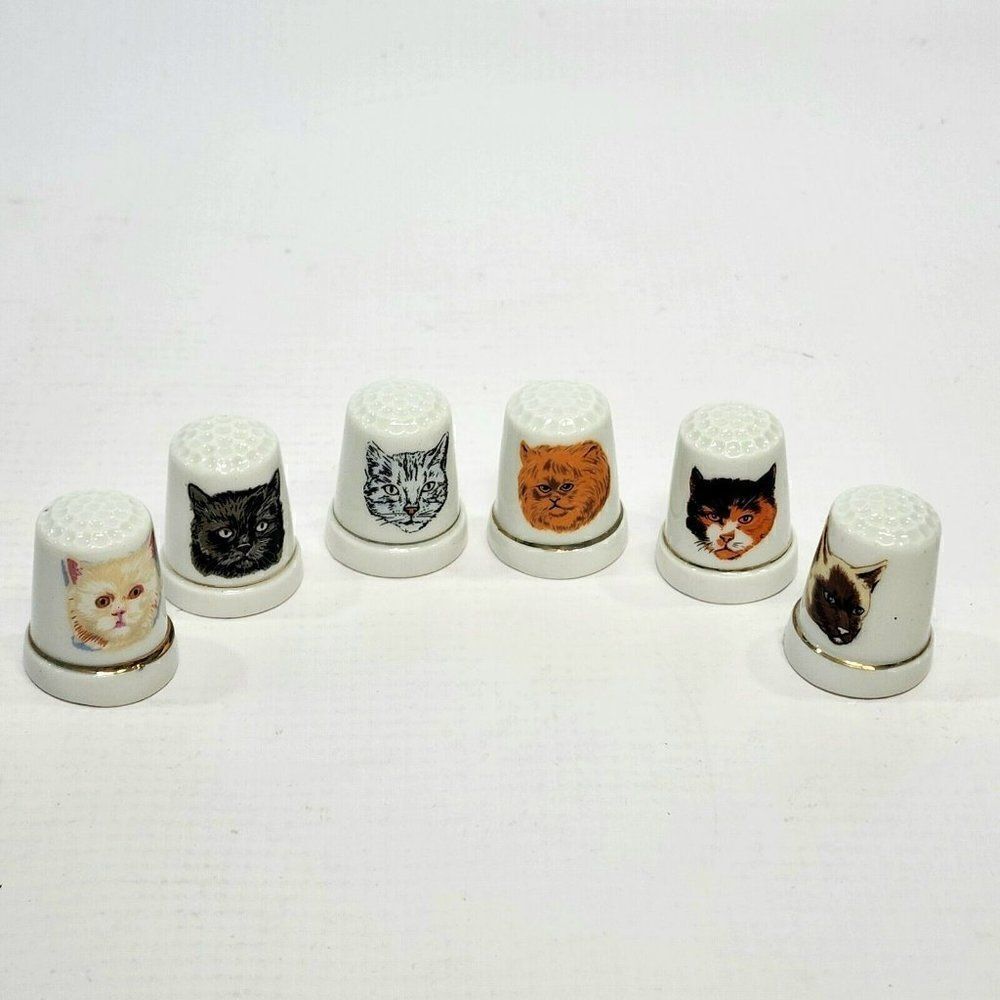 Vintage Lot of 6 Bone China Cat Kitty Pet Thimble‎ Porcelain Gold Rimmed